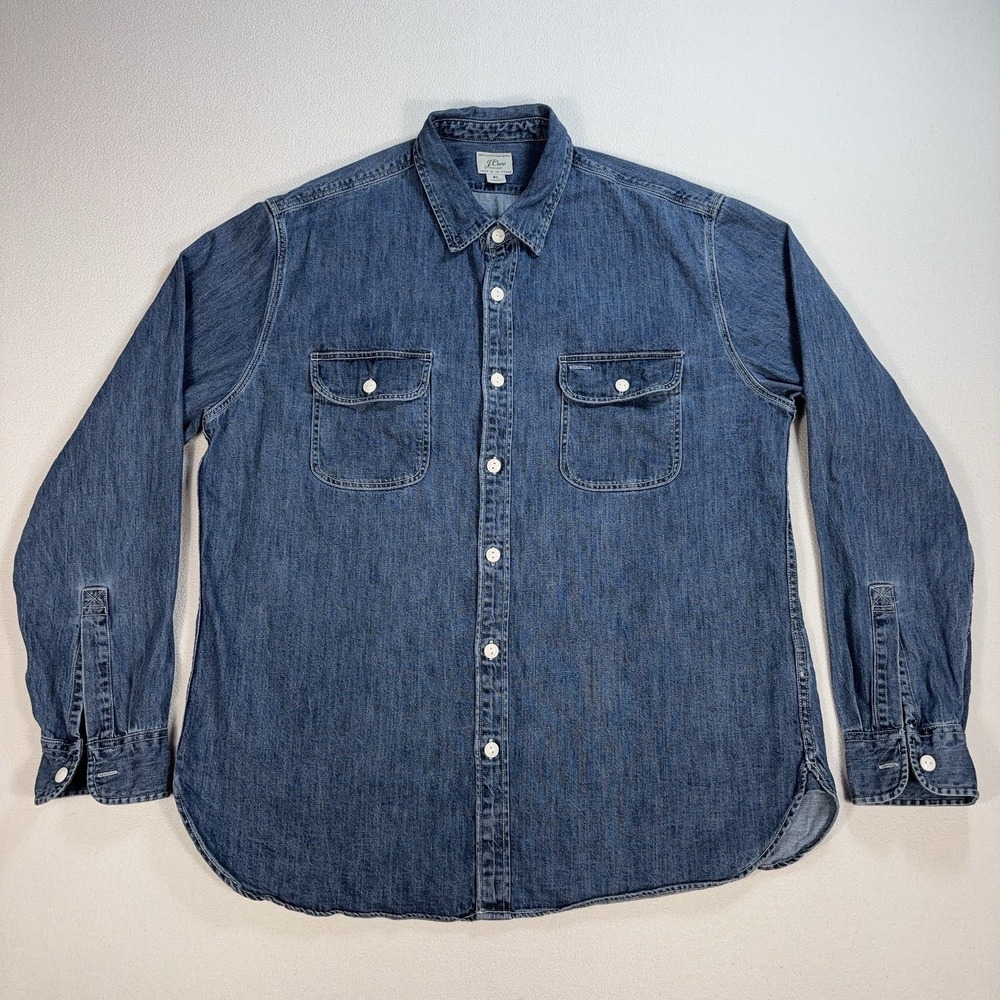J.Crew Midweight Denim‎ Work Shirt Men's XL Blue Pockets 100% Cotton Button Up